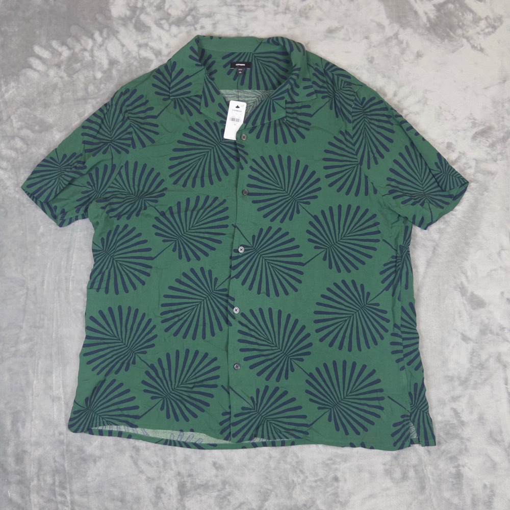 Express Button Up Shirt Mens Large Tall‎ Green Palm Leaf Tropical Rayon NWT